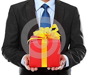 Businessman present gift box