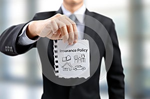 Businessman present insurance with money, car, family, people, house