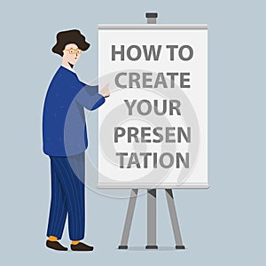 Businessman and presentation screen board. Cartoon illustration