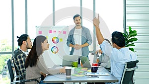 Businessman presenting business plan information to team at office meeting, Creative man leader explaning business chart for