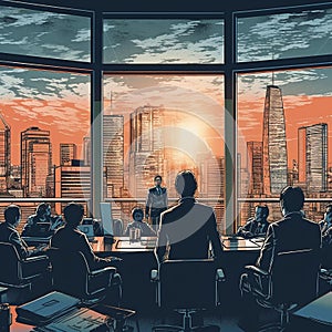 Businessman presenting in conference room with city skyline view