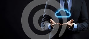 Businessman Presenting Digital Cloud Technology Concept Dark Background