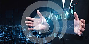 Businessman Presenting Digital Financial Data Visualization in a Futuristic Urban Environment, Concept of Analysis