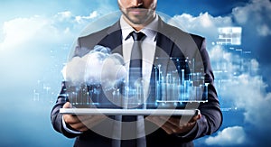 Businessman Presenting Futuristic Cloud Computing on Tablet