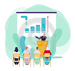 Businessman presenting growth chart to audience, employees learning at corporate training. Company meeting showing