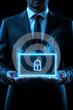 Businessman Presenting Holographic Padlock Icon, Cybersecurity and Data Protection Concept