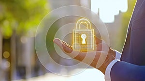 Businessman Presenting Holographic Padlock Icon Cybersecurity and Data Protection Concept