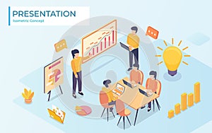 Businessman presenting new project to his partners and colleagues. He is showing graphs. Coach giving presentation to clients at