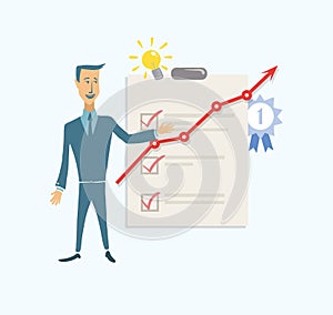 Businessman presenting on paperboard, growing graph with points of references, ticking boxes. Benchmarks. Colorful flat