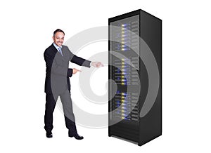 Businessman presenting server rack