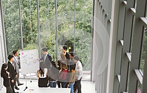 Businessman presenting at whiteboard Gruop of business people standing around white board during meeting in office.b