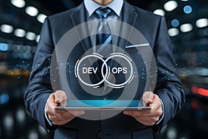 Businessman presents devops concept on tablet showcasing development and operations integration strategy