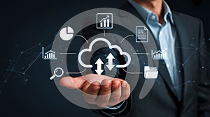 Cloud Computing Concept Hand Holding a Digital Cloud and Data Visualization Connecting Business Growth with Technology and Modern