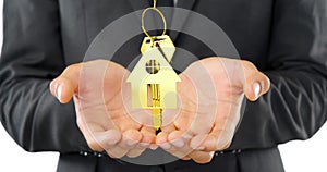 A businessman presents a golden house key, symbolizing real estate investment