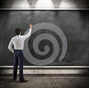 Businessman presents a written report on a blackboard