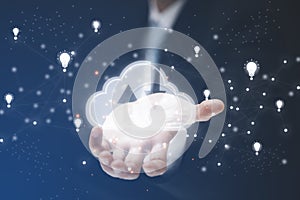 Businessman press cloud icon network and line control in graph Screen Icon of a media screen, Cloud computing and technology conce