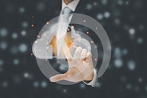 Businessman press cloud icon network and line control in graph Screen Icon of a media screen, Cloud computing and technology conce