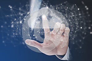 Businessman press cloud icon network and line control in graph Screen Icon of a media screen, Cloud computing and technology conce