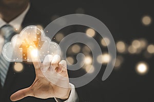 Businessman press cloud icon network and line control in graph Screen Icon of a media screen, Cloud computing and technology conce