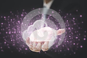 Businessman press cloud icon network and line control in graph Screen Icon of a media screen, Cloud computing and technology conce