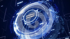 Businessman presses button internal control on virtual screens. Business, technology, internet and network concept