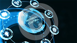 Businessman presses button internal control on virtual screens. Business, Technology, Internet and network concept