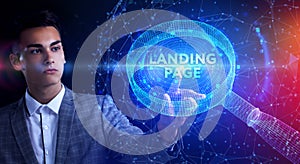 Businessman presses button landing page on virtual screens. Business, Technology, Internet and network concept
