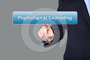 Businessman presses button psychological counseling on virtual screens. technology, internet and networking concept.