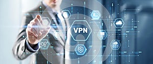 Businessman presses a button VPN. Network security internet privacy encryption concept