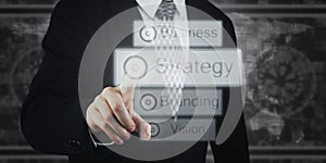 Businessman Pressing Button, Icons on Virtual Screen. Strategy, Business, Branding