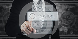Businessman Pressing Button, Icons on Virtual Screen. Vision, Strategy, Planning