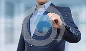 Businessman pressing button. Innovation technology internet business concept. Space for text