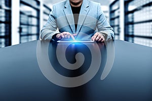 Businessman pressing button. Innovation technology internet business concept. Space for text