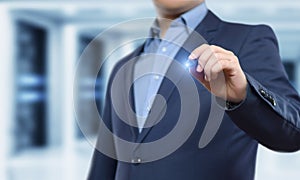 Businessman pressing button. Innovation technology internet business concept. Space for text