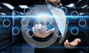 Businessman pressing button. Man pointing on futuristic interface. Innovation technology internet and business concept.