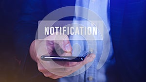 Businessman pressing button notification on smartphone virtual screens, business, technology, internet and networking concept