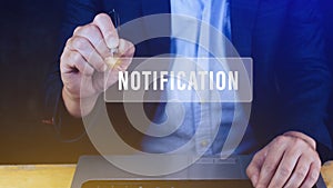 Businessman pressing button notification on virtual screens, business, technology, internet and networking concept