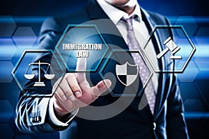 Businessman pressing button on touch screen interface and select immigration law