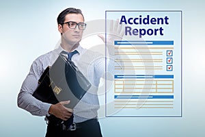 Businessman pressing buttons on virtual accident report