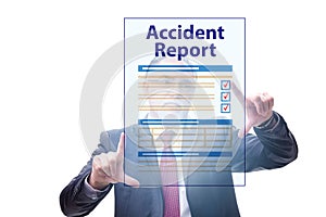 Businessman pressing buttons on virtual accident report
