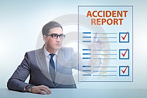 Businessman pressing buttons on virtual accident report