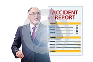 Businessman pressing buttons on virtual accident report