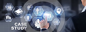 Businessman pressing case study button on virtual screens