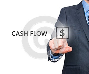 Businessman pressing Cash Flow button on virtual screens