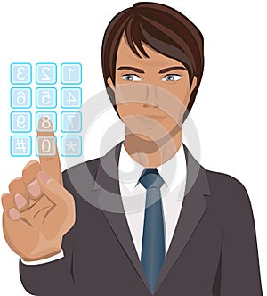 Businessman Pressing on Clear Touch Screen Keypad