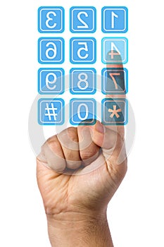 Businessman Pressing on Clear Touch Screen Keypad