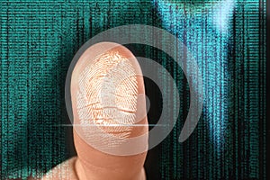 Businessman pressing control glass of biometric fingerprint scanner, closeup