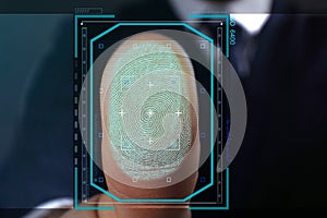 Businessman pressing control glass of biometric fingerprint scanner, closeup