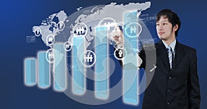 Businessman pressing on digital virtual screen, globalization