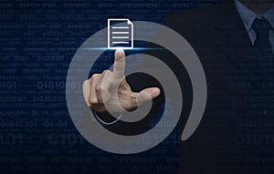 Businessman pressing document icon over computer binary code blu
